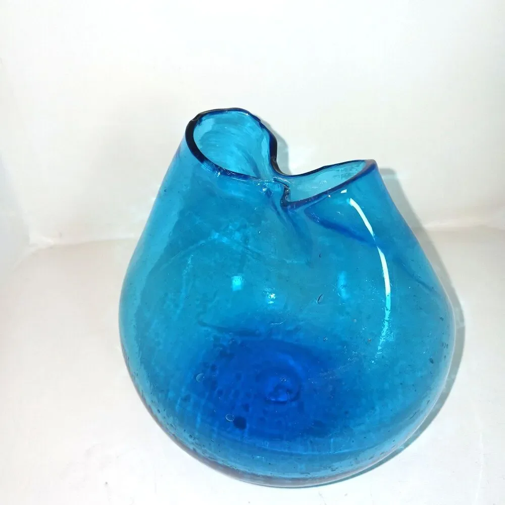 Vintage Blue Blenko 39 Pinched Ivy Bud Vase Mid Century Hand Blown Art Glass